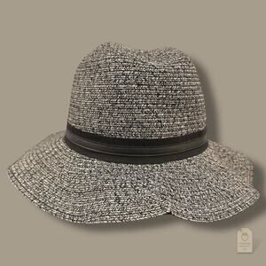 Vince Camuto Black White Woven Fedora Hat One Size Wide Brim Sun
